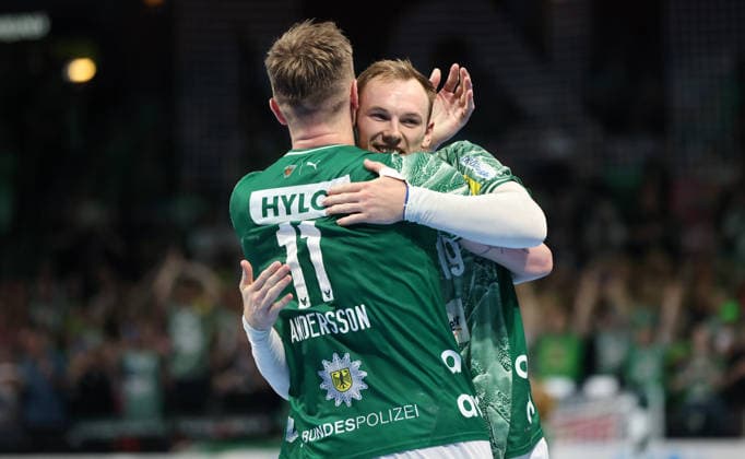 Lasse Andersson celebrates after winning goal and end of game Victory with Mathias Gidsel Joy Emotion Cheers Sport Handball HBL Bundesliga Men 34 Matchday Season 2025 2026 07 06 2026 Füchse Berlin vs SG Flensburg Handewitt