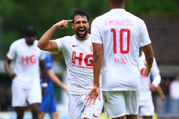 6 Bamo Karim Eimsbütteler TV celebrates his goal for 1 0 Football I Men I Promotion round to Regionalliga Nord I Season 2025 2026 I 3 Match I Eimsbütteler TV Blumenthaler SV I 07 06 2026 I A pitch Heeslingen