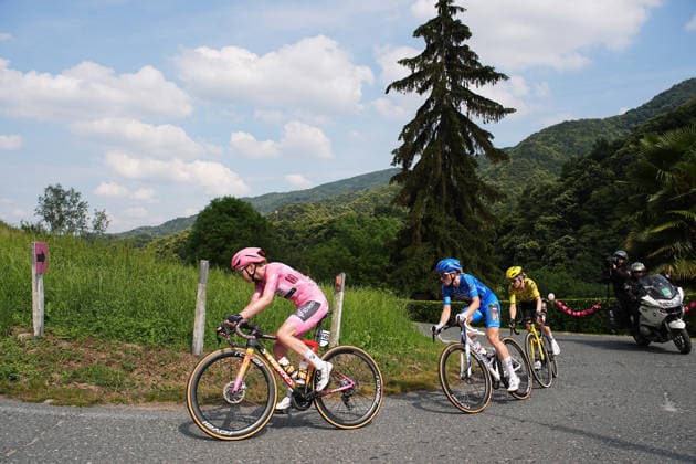 The pink jersey Netherlands™s Anna van der Breggen of Team SD Worx - Protime™s, The blue jersey Netherlands™s Demi Vollering of FDJ United - Suez™s and Netherlands™s Femke De Vries of Team Visma Lease a Bike™s during Stage 9 of the Giro d™Italia Women, from Saluzzo to Saluzzo, Italy, Sunday, June 7, 2026.  Copyright: xMarcoxAlpozzi LaPressex