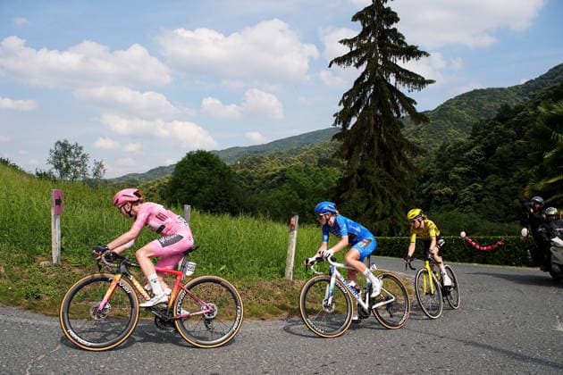 The pink jersey Netherlands™s Anna van der Breggen of Team SD Worx - Protime™s, The blue jersey Netherlands™s Demi Vollering of FDJ United - Suez™s and Netherlands™s Femke De Vries of Team Visma Lease a Bike™s during Stage 9 of the Giro d™Italia Women, from Saluzzo to Saluzzo, Italy, Sunday, June 7, 2026.  Copyright: xMarcoxAlpozzi LaPressex