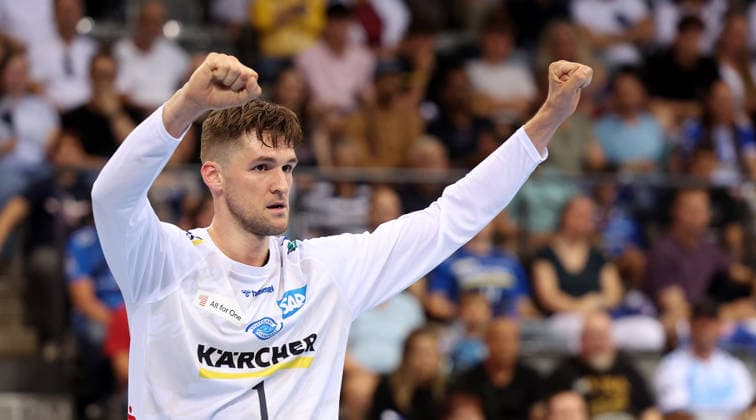 Stuttgart , Handball TVB Stuttgart VS HC Erlangen, Mateusz Kornecki TVB jubilant