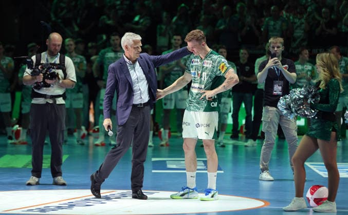 Frank Steffel, Lasse Andersson bid farewell Sport Handball HBL Bundesliga Herren 34 Spieltag Saison 2025 2026 07 06 2026 Füchse Berlin vs SG Flensburg Handewitt