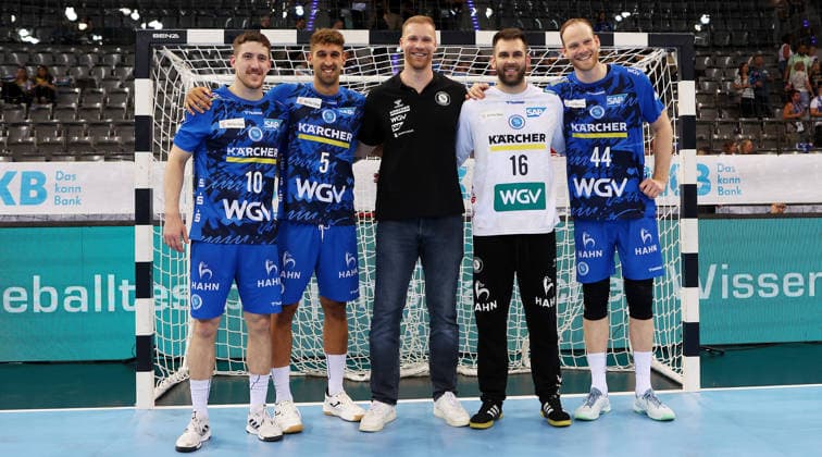 Stuttgart , Handball TVB Stuttgart VS HC Erlangen, departures, f l Ivan Snajder, Antonio Serradilla, Jonas Truchanovicius, Miljan Vujovic, Lenny Rubin