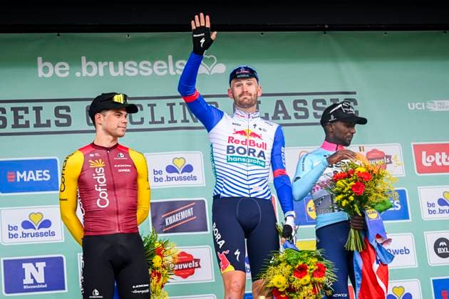 Brussels Cycling Classic 2026 Cycling Race BRUSSEL, BELGIUM - JUNE 07 : Girmay Biniam (ERI) of NSN Cycling Team, Meeus Jordi (BEL) of Red Bull BORA Hansgrohe, Fretin Milan (BEL) of Cofidis on the podium during the 106th edition of Brussels Cycling Classic an UCI ProSeries 1.Pro one day cycling road race for Men Elite of 206.3 km with start in Brussel and finish in Brussel on June 7, 2026 in Brussel, Belgium, 07 06 2026 ( Motordriver Stephan Boone - Brussel Belgium  Copyright: xTomasxSiskx