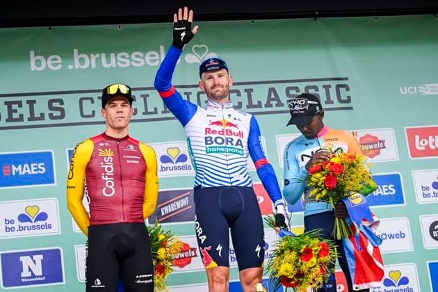 Brussels Cycling Classic 2026 Cycling Race BRUSSEL, BELGIUM - JUNE 07 : Girmay Biniam (ERI) of NSN Cycling Team, Meeus Jordi (BEL) of Red Bull BORA Hansgrohe, Fretin Milan (BEL) of Cofidis on the podium during the 106th edition of Brussels Cycling Classic an UCI ProSeries 1.Pro one day cycling road race for Men Elite of 206.3 km with start in Brussel and finish in Brussel on June 7, 2026 in Brussel, Belgium, 07 06 2026 ( Motordriver Stephan Boone - Brussel Belgium  Copyright: xTomasxSiskx