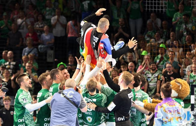 Goalkeeper Dejan Milosavljev is bid farewell and celebrated Sport Handball HBL Bundesliga Men 34 Matchday Season 2025 2026 07 06 2026 Füchse Berlin vs SG Flensburg Handewitt