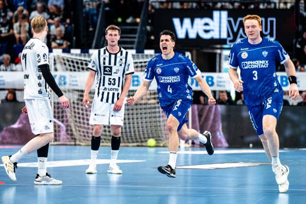 07 06 2026, xdobgx, Handball Daikin HBL, THW Kiel TBV Lemgo Lippe v l Eric Johansson Kiel, 21 , Nikola Bilyk Kiel, 53 , Samuel Zehnder TBV Lemgo Lippe, 4 Jubel, Torjubel, jubelt über das Tor, celebrate the goal, celebration, Nicolai Theilinger TBV Lemgo Lippe, 3 Kiel