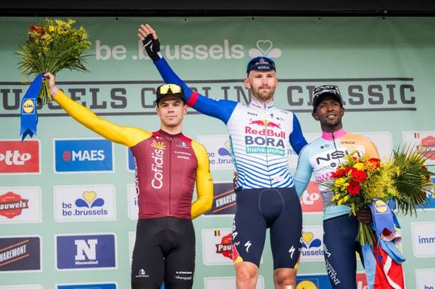 Belgian Milan Fretin of Cofidis, Belgian Jordi Meeus of Red Bull-BORA-hansgrohe and Eritrean Biniam Girmay of NSN Cycling Team celebrate on the podium after the Brussels Cycling Classic one day cycling race, 206,3 km with start and finish in Brussels, Sunday 07 June 2026. JASPERxJACOBS  x176472874x
