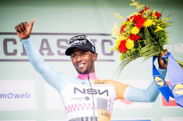 Eritrean Biniam Girmay of NSN Cycling Team pictured on the podium after the Brussels Cycling Classic one day cycling race, 206,3 km with start and finish in Brussels, Sunday 07 June 2026. JASPERxJACOBS  x176473257x