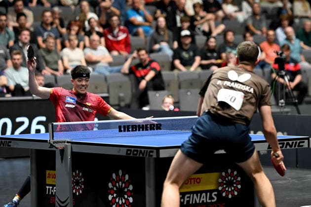 Table tennis 94 National German Championships on 07 06 2026 in the exhibition halls in Erfurt Mens singles final Dang Qiu, left and Patrick Franziska, right xJFx