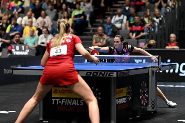 Table tennis 94 National German Championships on 07 06 2026 in the exhibition halls in Erfurt Womens singles final Annett Kaufmann, left and Sabine Winter, right xJFx