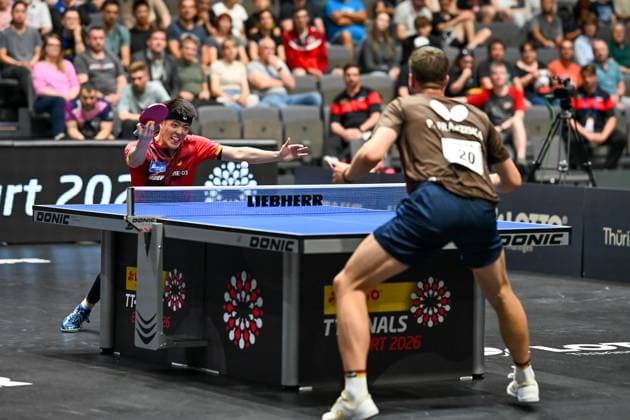 Table tennis 94 National German Championships on 07 06 2026 in the exhibition halls in Erfurt Mens singles final Dang Qiu, left and Patrick Franziska, right xJFx