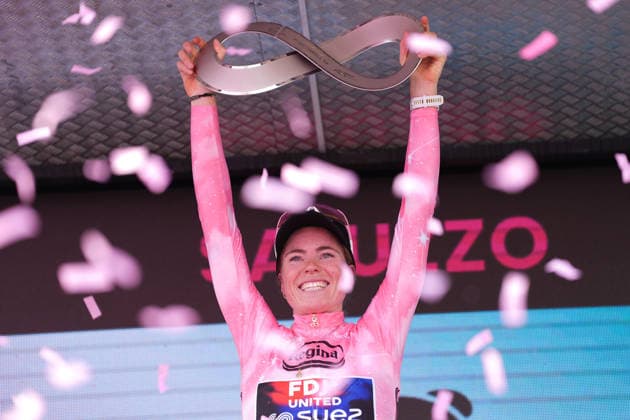 The pink jersey Netherlands™s Demi Vollering of FDJ United - Suez™s celebrate on the podium after the stage 9 of the Giro d™Italia Women, from Saluzzo to Saluzzo, Italy, Sunday, June 7, 2026.  Copyright: xDavidexSpada Lapressex