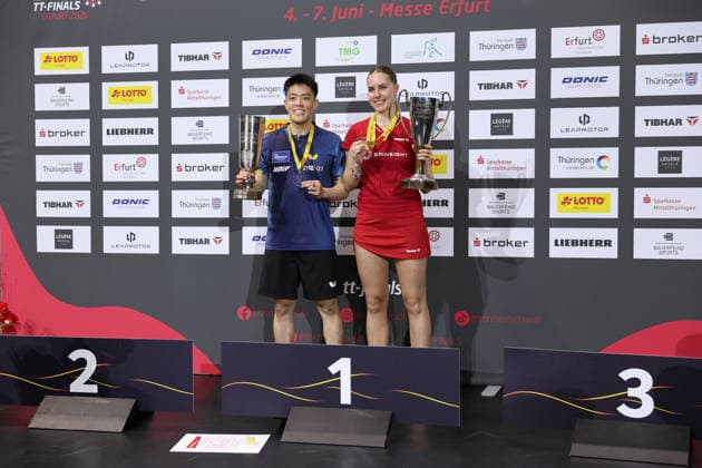 from left Dang Qiu and Annett Kaufmann are German Champions 2026 GER Erfurt TT Finals 2026 German Championships, Table Tennis Exhibition Hall Erfurt 07 06 2026 GER Erfurt TT Finals 2026 German Championships, Table Tennis Exhibition Hall Erfurt 07 06 2026 Thuringia German Championships 06 06 2026 Erfurt Copyright: xEibner-Pressefoto JoergxHirschx EP_JHH