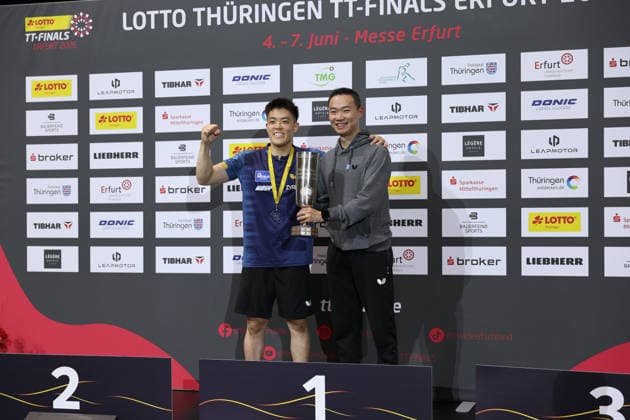 from left Dang Qiu German Champion with Coach Wang Xi GER Erfurt TT Finals 2026 German Championships, Table Tennis Exhibition Hall Erfurt 07 06 2026 GER Erfurt TT Finals 2026 German Championships, Table Tennis Exhibition Hall Erfurt 07 06 2026 Thuringia German Championships 06 06 2026 Erfurt Copyright: xEibner-Pressefoto JoergxHirschx EP_JHH