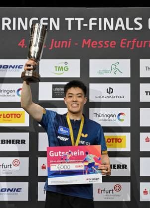 Dang Qiu from Borussia Düsseldorf wins the German Singles Championships for the third time after 2022 and 2023 Dang Qiu from Borussia Düsseldorf wins the German Singles Championships for the third time after 2022 and 2023 by beating Patrick Franziska 1 FC Saarbrücken TT Final Day of the German Womens and Mens Championships on June 7, 2026 at Messe Erfurt as part of the 3 German Table Tennis Finals in Erfurt Erfurt Messe Erfurt Thuringia Germany