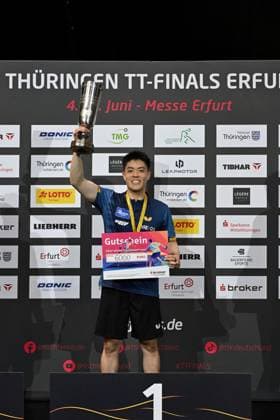 Dang Qiu from Borussia Düsseldorf wins the German Singles Championships for the third time after 2022 and 2023 Dang Qiu from Borussia Düsseldorf wins the German Singles Championships for the third time after 2022 and 2023 by beating Patrick Franziska 1 FC Saarbrücken TT Final Day of the German Womens and Mens Championships on June 7, 2026 at Messe Erfurt as part of the 3 German Table Tennis Finals in Erfurt Erfurt Messe Erfurt Thuringia Germany