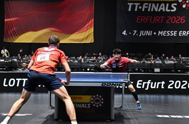 Dang Qiu from Borussia Düsseldorf wins the German Singles Championships for the third time after 2022 and 2023 Dang Qiu from Borussia Düsseldorf wins the German Singles Championships for the third time after 2022 and 2023 by beating Patrick Franziska 1 FC Saarbrücken TT Final Day of the German Womens and Mens Championships on June 7, 2026 at Messe Erfurt as part of the 3 German Table Tennis Finals in Erfurt Erfurt Messe Erfurt Thuringia Germany