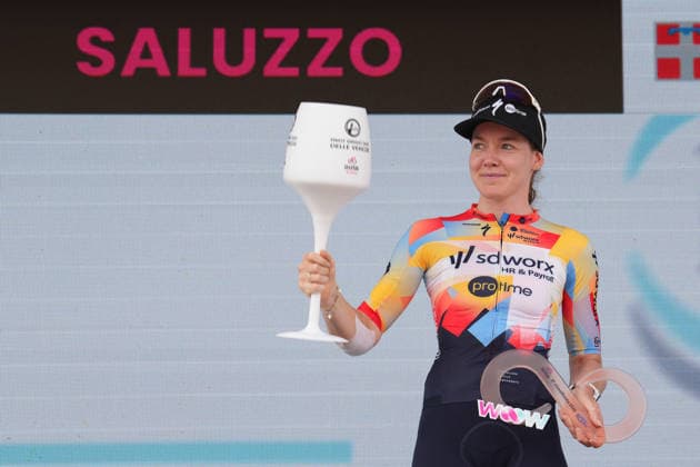 Netherlands™s Anna van der Breggen of Team SD Worx - Protime™s celebrate on the podium after the stage 9 of the Giro d™Italia Women, from Saluzzo to Saluzzo, Italy, Sunday, June 7, 2026.  Copyright: xDavidexSpada Lapressex