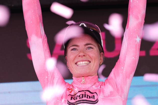 The pink jersey Netherlands™s Demi Vollering of FDJ United - Suez™s celebrate on the podium after the stage 9 of the Giro d™Italia Women, from Saluzzo to Saluzzo, Italy, Sunday, June 7, 2026.  Copyright: xDavidexSpada Lapressex