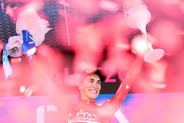 The red jersey Italy™s Elisa Balsamo of Lidl - Trek™s celebrate on the podium after the stage 9 of the Giro d™Italia Women, from Saluzzo to Saluzzo, Italy, Sunday, June 7, 2026.  Copyright: xDavidexSpada Lapressex