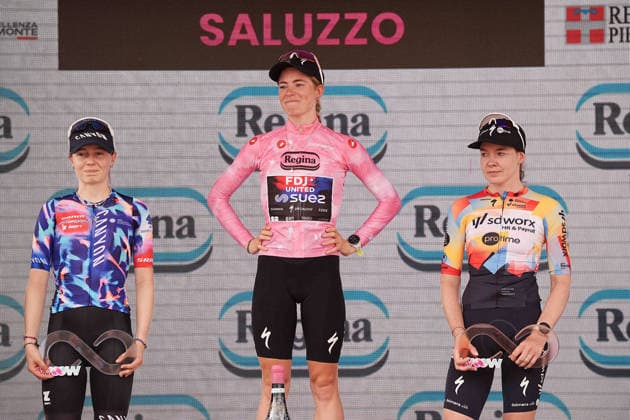 The pink jersey Netherlands™s Demi Vollering of FDJ United - Suez™s winner of the Giro d™Italia Women , Germany™s Antonia Niedermaier of Canyon SRAM Zondacrypto™s 2nd best-placed and Netherlands™s Anna van der Breggen of Team SD Worx - Protime™s 3rd best-placed celebrate on the podium after the during Stage 9 of the Giro d™Italia Women, from Saluzzo to Saluzzo, Italy, Sunday, June 7, 2026.  Copyright: xMarcoxAlpozzi LaPressex
