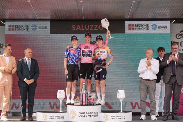 The pink jersey Netherlands™s Demi Vollering of FDJ United - Suez™s winner of the Giro d™Italia Women , Germany™s Antonia Niedermaier of Canyon SRAM Zondacrypto™s 2nd best-placed and Netherlands™s Anna van der Breggen of Team SD Worx - Protime™s 3rd best-placed celebrate on the podium after the during Stage 9 of the Giro d™Italia Women, from Saluzzo to Saluzzo, Italy, Sunday, June 7, 2026.  Copyright: xMarcoxAlpozzi LaPressex