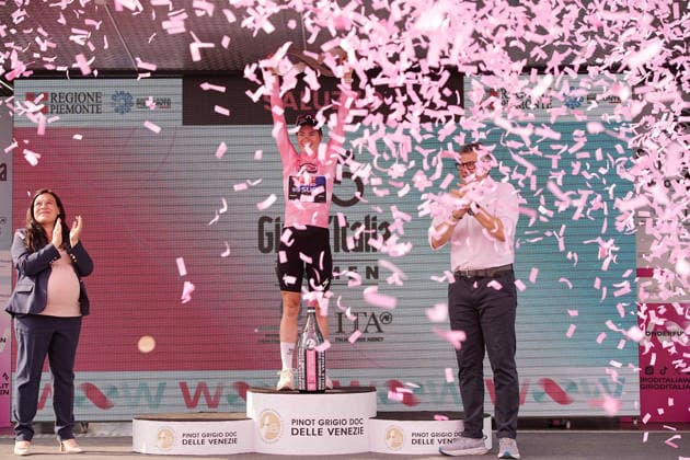 The pink jersey Netherlands™s Demi Vollering of FDJ United - Suez™s winner of the Giro d™Italia Women celebrate on the podium after theg Stage 9 of the Giro d™Italia Women, from Saluzzo to Saluzzo, Italy, Sunday, June 7, 2026.  Copyright: xMarcoxAlpozzi LaPressex