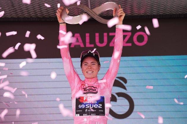 The pink jersey Netherlands™s Demi Vollering of FDJ United - Suez™s winner of the Giro d™Italia Women celebrate on the podium after theg Stage 9 of the Giro d™Italia Women, from Saluzzo to Saluzzo, Italy, Sunday, June 7, 2026.  Copyright: xMarcoxAlpozzi LaPressex