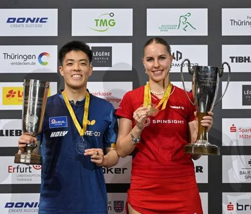 Annett Kaufmann SV DJK Kolbermoor and Dang Qiu Borussia Düsseldorf are the new German Singles Champions Annett Kaufmann SV DJK Kolbermoor and Dang Qiu Borussia Düsseldorf are the new German Singles Champions Final day of the German Womens and Mens Championships on June 7, 2026 at Messe Erfurt as part of the 3 German Table Tennis Finals in Erfurt Erfurt Messe Erfurt Thuringia Germany