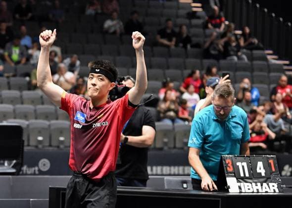 Dang Qiu from Borussia Düsseldorf wins the German Singles Championships for the third time after 2022 and 2023 Dang Qiu from Borussia Düsseldorf wins the German Singles Championships for the third time after 2022 and 2023 by beating Patrick Franziska 1 FC Saarbrücken TT Final Day of the German Womens and Mens Championships on June 7, 2026 at Messe Erfurt as part of the 3 German Table Tennis Finals in Erfurt Erfurt Messe Erfurt Thuringia Germany