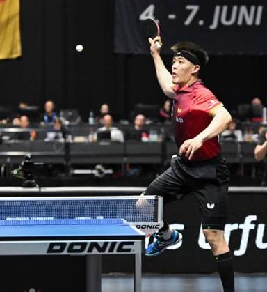 Dang Qiu from Borussia Düsseldorf wins the German Singles Championships for the third time after 2022 and 2023 Dang Qiu from Borussia Düsseldorf wins the German Singles Championships for the third time after 2022 and 2023 by beating Patrick Franziska 1 FC Saarbrücken TT Final Day of the German Womens and Mens Championships on June 7, 2026 at Messe Erfurt as part of the 3 German Table Tennis Finals in Erfurt Erfurt Messe Erfurt Thuringia Germany