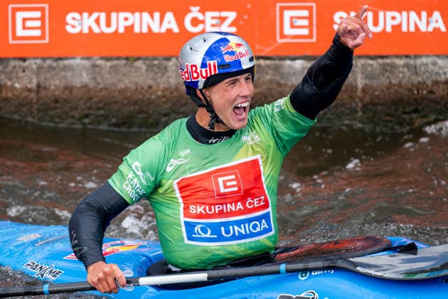 2026 ICF Canoe Slalom World Cup in Prague, Czech Republic, on June 7, 2026. Men s kayak cross finals. Winner Jakub Krejci from Czechia. (CTKxPhoto OndrejxDeml) CTKPhotoP2026060703664  CTKPhotoP2026060703664