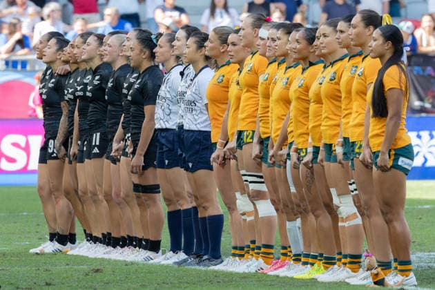 New Zealand Australia, SVNS Rugby World Championship Womens Final The two teams during the national anthem Womens Final between New Zealand and Australia Third tournament of the SVNS World Championship, Sevens Rugby World Cup from June 5 to 7, 2026 in Bordeaux France June 7, 2026 , Bordeaux Region Nouvelle Aquitaine France Stade Atlantique