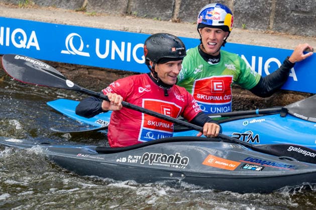 2026 ICF Canoe Slalom World Cup in Prague, Czech Republic, on June 7, 2026. Men s kayak cross finals. Winner Jakub Krejci from Czechia, right, and the second placed Vit Prindis from Czechia. (CTKxPhoto OndrejxDeml) CTKPhotoP2026060703743  CTKPhotoP2026060703743