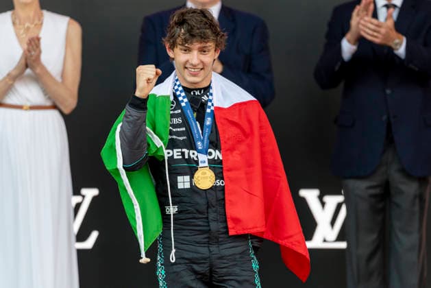 MONTE-CARLO, MONACO - JUNE 07: Kimi Antonelli (12) of Italy and Mercedes-AMG PETRONAS Formula One Team celebrates after the F1 Monaco Grand Prix on June 7, 2026 at the Circuit de Monaco in Monte-Carlo, Monaco. (Photo by Bob Kupbens Icon Sportswire) AUTO: JUN 07 F1 Monaco Grand Prix EDITORIAL USE ONLY Icon2606070421