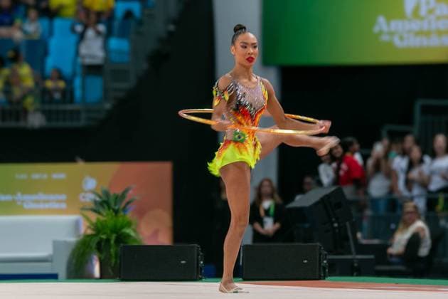 RECORD DATE NOT STATED Pan American Rhythmic gymnastics, Rhythmische Sportgymnastik, RSG championship, in Rio de Janeiro Rio de Janeiro (RJ) 07 06 2026 - Pan American Gymnastics Rhythmic Gymnastics Rio de Janeiro - Athlete Geovanna Santos (Brazil), in the hoop final, at the Pan American Adult Rhythmic Gymnastics Championship this Sunday (07), at Arena Carioca 1, in the Barra da Tijuca Olympic Park.(Foto: Lucas Simonin Gomes Thenews2 imago images) SPO  Copyright: xLucasxSimoninxGomesx