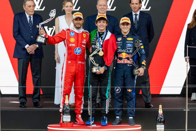 MONTE-CARLO, MONACO - JUNE 07: Kimi Antonelli (12) of Italy and Mercedes-AMG PETRONAS Formula One Team, Lewis Hamilton (44) of Great Britain and Scuderia Ferrari HP and Isack Hadjar (6) of France and Oracle Red Bull Racing on the podium after the F1 Monaco Grand Prix on June 7, 2026 at the Circuit de Monaco in Monte-Carlo, Monaco. (Photo by Bob Kupbens Icon Sportswire) AUTO: JUN 07 F1 Monaco Grand Prix EDITORIAL USE ONLY Icon2606070441