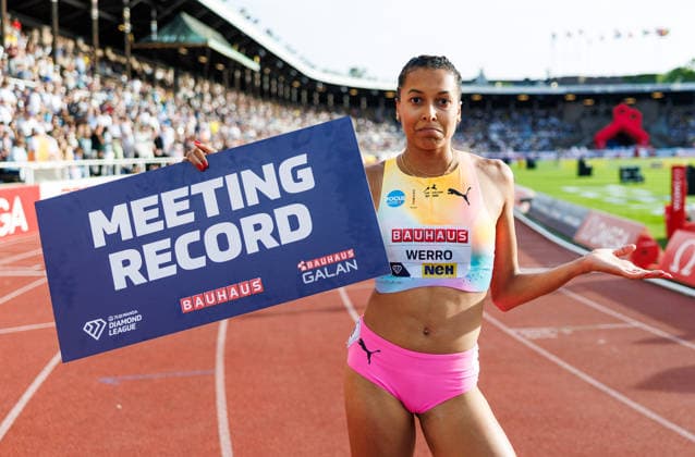260607 Audrey Werro of Switzerland celebrates after competing in the women s 800 meter during Bauhaus galan, part of the Diamond League series, June 7, 2026 in Stockholm Photo Maxim Thore BILDBYRAN kod MT MT1057 friidrott athletics friidrett diamond league bauhaus galan bbeng stockholm dam jubel  Copyright: MAXIMxTHORE BB260607MT098