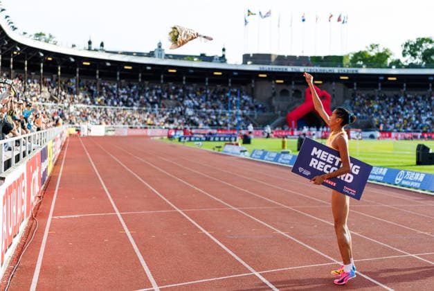 260607 Audrey Werro of Switzerland celebrates after competing in the women s 800 meter during Bauhaus galan, part of the Diamond League series, June 7, 2026 in Stockholm Photo Maxim Thore BILDBYRAN kod MT MT1057 friidrott athletics friidrett diamond league bauhaus galan bbeng stockholm dam jubel  Copyright: MAXIMxTHORE BB260607MT102