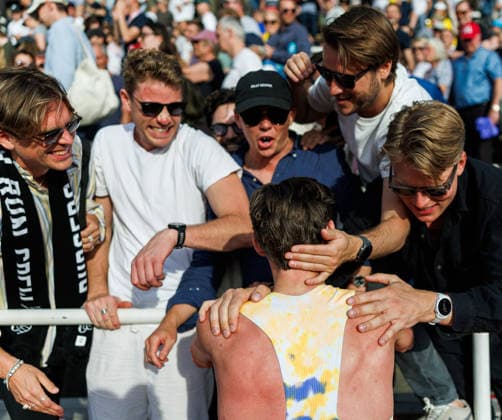 260607 Andreas Almgren of Sweden with friends after competing in the men s 1500 meter during Bauhaus galan, part of the Diamond League series, June 7, 2026 in Stockholm Photo Maxim Thore BILDBYRAN kod MT MT1057 friidrott athletics friidrett diamond league bauhaus galan bbeng stockholm sweden sverige  Copyright: MAXIMxTHORE BB260607MT103