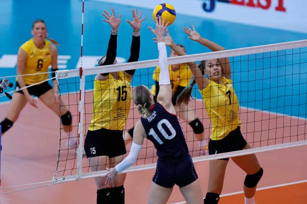 Croatia v Lithuania: CEV Volleyball European League 2026 Women Martyna Paukstyte and Ruta Staniulyte of Lithuania attempts to block a shot from Luna Becic of Croatia during the CEV Volleyball European League 2026 Women3rd round match between Croatia and Lithuania at Sports Hall Gradski vrt on June 07, 2026., in Osijek, Croatia.  DavorxJavorovic PIXSELL