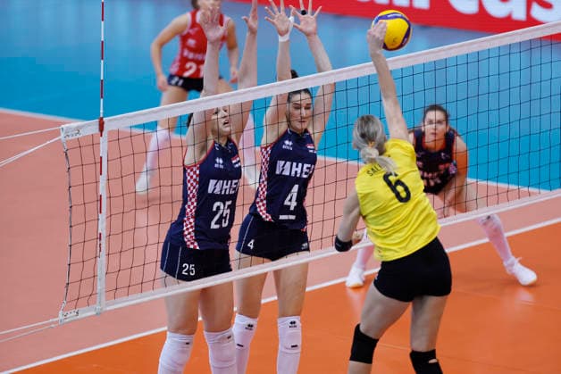 Croatia v Lithuania: CEV Volleyball European League 2026 Women Tonka Bosnjak and Bozana Butigan of Croatia attempts to block a shot from Monika Salkute of Lithuania during the CEV Volleyball European League 2026 Women 3rd round match between Croatia and Lithuania at Sports Hall Gradski vrt on June 07, 2026., in Osijek, Croatia.  DavorxJavorovic PIXSELL