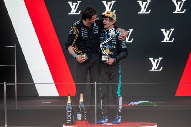 Podium, Andrea Kimi Antonelli 12, Mercedes AMG Petronas F1 Team, Isack Hadjar 6, Oracle Red Bull Racing, Lewis Hamilton 44, Scuderia Ferrari HP, Toto Wolff, Team Principal Mercedes AMG Petronas Formula One Team Race Day, Monaco Grand Prix, Motorsport, Men, Formula 1, 07 06 2026 Monte Carlo Monaco MCO Copyright: xkolbert-press MartinxWdziecznyx