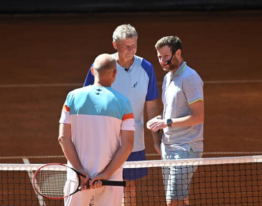 Jiri Novak (CZE), middle, playes against Bohdan Ulihrach (CZE), left, in an exhibition match during the men s tennis challenger UniCredit Czech Open, Prostejov, June 7, 2026. (CTKxPhoto LudekxPerina) CTKPhotoP2026060702189  CTKPhotoP2026060702189