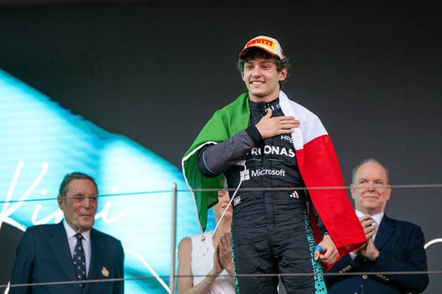 MCO, Louis Vuitton Grand Prix of Monaco, race, Formula 1 World Championship season 2026 07 06 2026, Monte Carlo, Monte Carlo, MCO, Louis Vuitton Grand Prix of Monaco, race, Formula 1 World Championship season 2026, pictured Andrea Kimi Antonelli Mercedes AMG Petronas F1 Team, Italy, 12 celebrates victory on the podium at the podium ceremony, nordphotoxGmbHx xMemmler nph00005