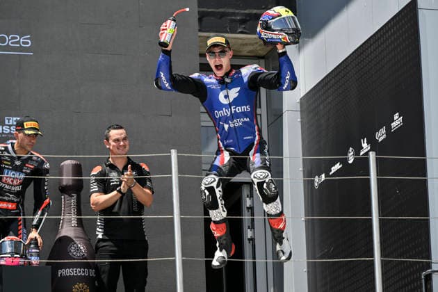 MOTO - MOTO 2 - HUNGARY GRAND PRIX 2026 SALAC Filip (cze), OnlyFans American Racing Team, Kalex Moto2, portrait celebrates his second place during the 2026 Moto2 Grand Prix of Hungary , on Balaton Park circuit, from June 5 to 7, in Hungary - Balaton ParkHungary  Copyright: xGIGIxSOLDANOx