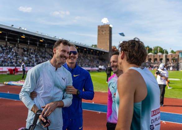 260607 Kurtis Marschall of Australia, Sam Kendrick™s of the United States, Renaud Lavillenie of France and Armand Duplantis of Sweden after the men s pole vault during Bauhaus galan, part of the Diamond League series, June 7, 2026 in Stockholm Photo Maxim ThorÃ BILDBYRAN kod MT MT1057 friidrott athletics friidrett diamond league bauhaus galan bbeng Stockholm sverige  Copyright: MAXIMxTHORE BB260607MT110