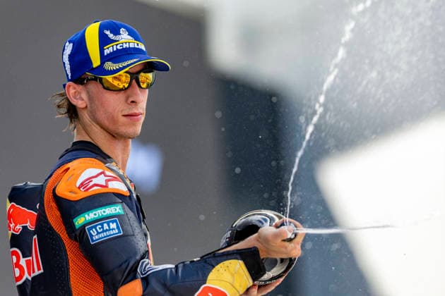 MotoGP of Hungary - Race Number 37 Red Bull KTM Factory Racing rider Pedro Acosta celebrates coming second in the race at the 2026 Grand Prix of Hungary. Balatonfokajar Balatonfokajar Hungary  Copyright: xStephenxBlackberryx originalFilename:blackberry-2026gran260607_npDs1.jpg