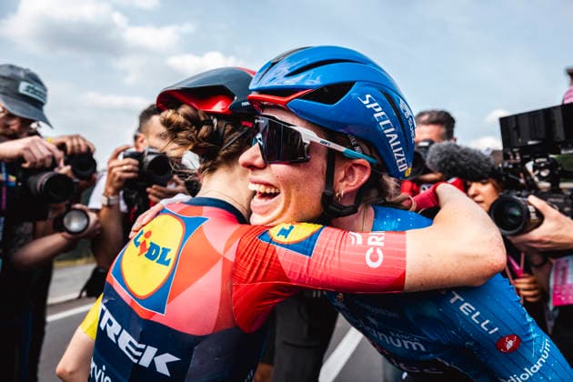 June 7, 2026, Saluzzo, Cuneo, Italy: Saluzzo, Italy. Saluzzo, Italy. FISHER-BLACK Niamh (left) congratulates with DEMI VOLLERING for the GC comeback after the last stage of Giro Women. Saluzzo Italy - ZUMAm214 0858568632st Copyright: xMatteoxSeccix
